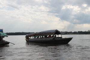 Skiff boat on the Amazon river