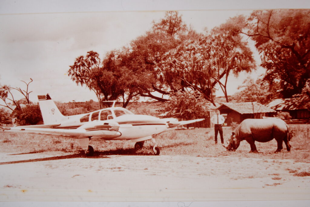 Rhino, Beechcraft, and captain in Tsavo East National Park in Kenya
