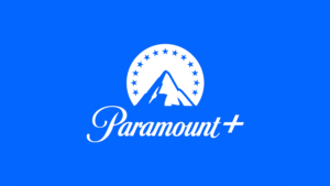 Logo Paramount+ avec fond bleu et police blanche
