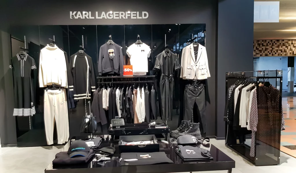 Karl Lagerfeld retail room with fashion clothing pieces